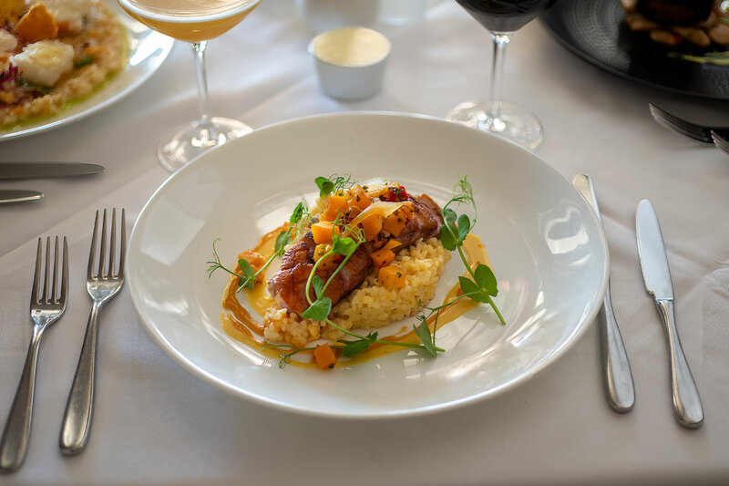 Duck Breast, Butternut Squash Risotto, Butternut Agrodolce, Brussels Sprout Leaves  entree