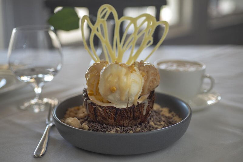 Coconut Gelato, Passionfruit Sorbet, Coconut Tres Leche, White Chocolate Crunch dessert